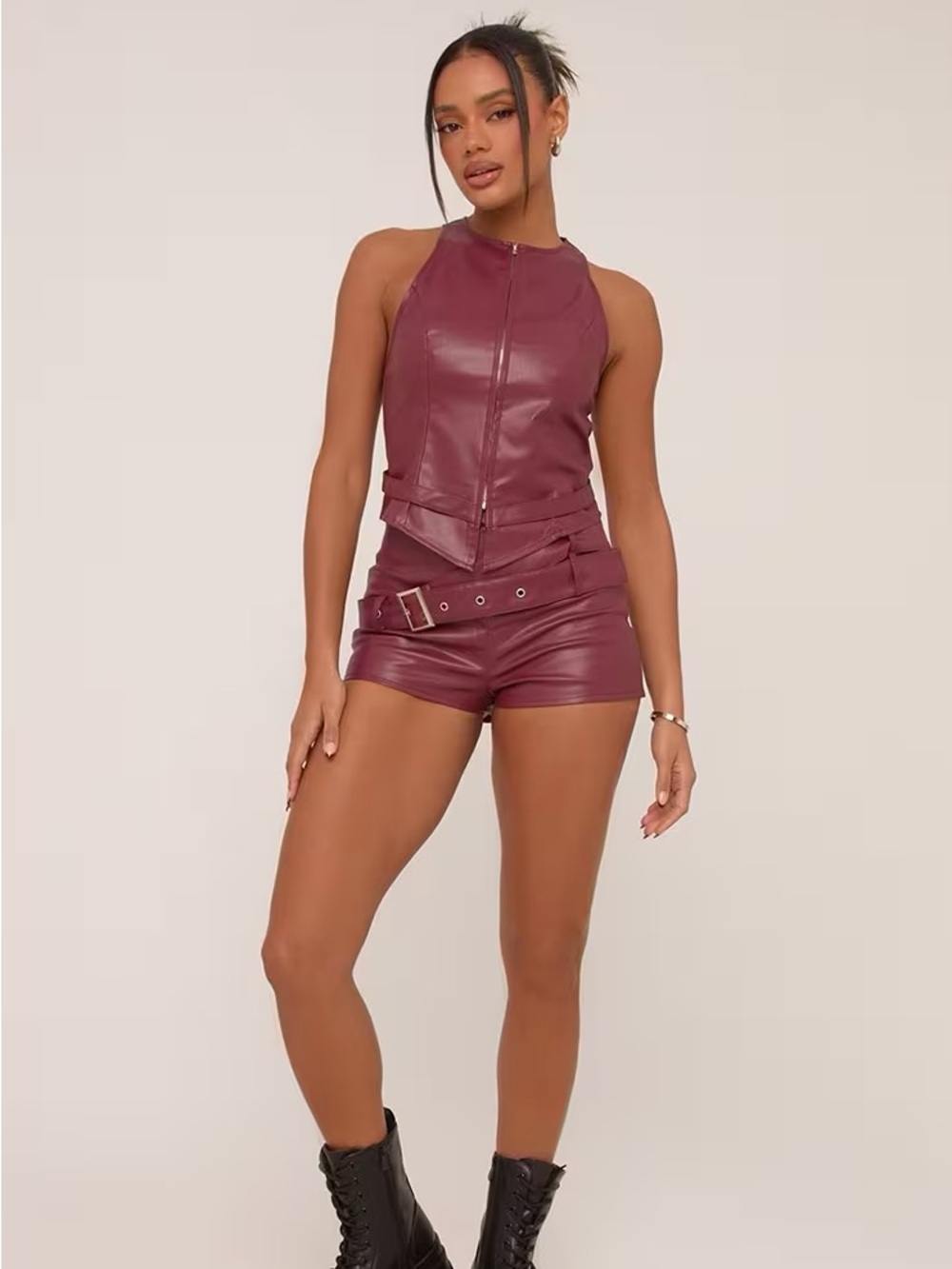 EGO Burgundy Faux Leather Halter Zip Top